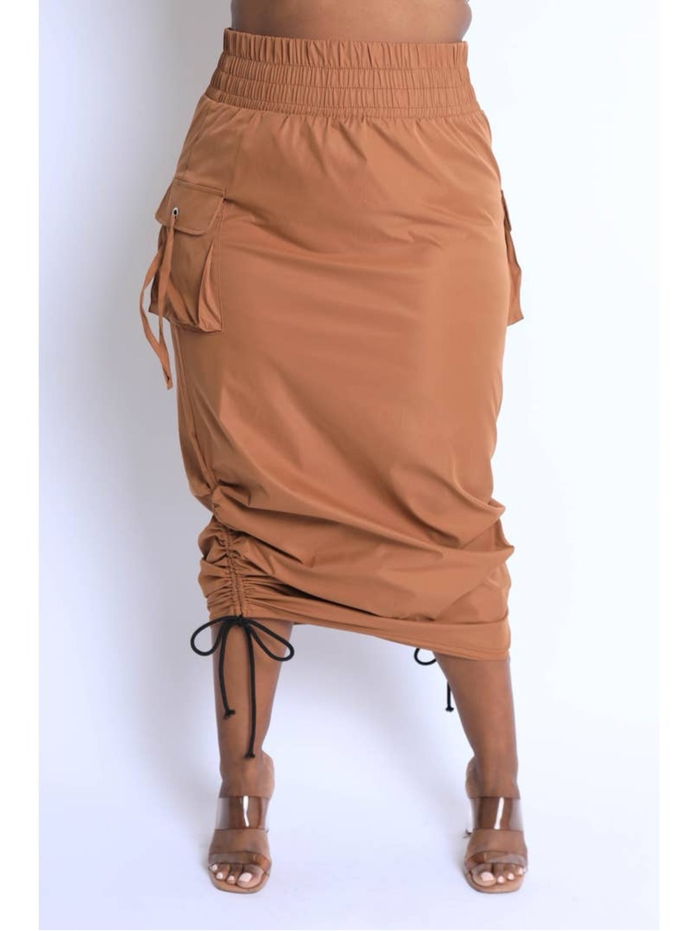 parachute Elastic-Waist Cargo Midi Skirt in Tan